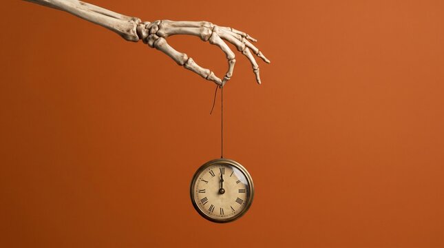 Skeleton hand holding pocket watch on orange background, conceptual memento mori image symbolizing time running out, mortality, and deadlines for business or Halloween themes.