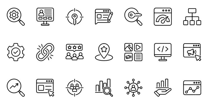 SEO outline icon set. Containing web marketing, data analytics, online optimization, research, coding ,link and more. Editable stroke icons pack. Vector illustration.