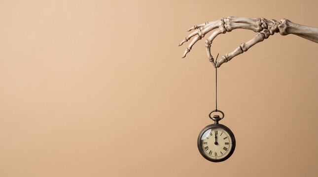 Skeleton hand holding vintage pocket watch, time concept with bony fingers and clock, death and mortality symbolism on beige background