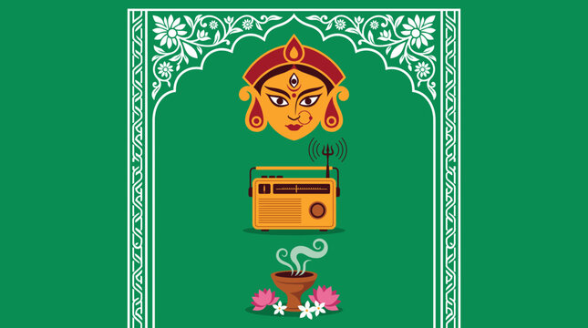Durga Puja Festival Illustration with Goddess Face Radio and Offerings on Green Background.
