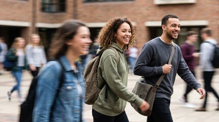 Fototapeta premium Happy multiethnic university students walking together on campus, representing college life, friendship, and education