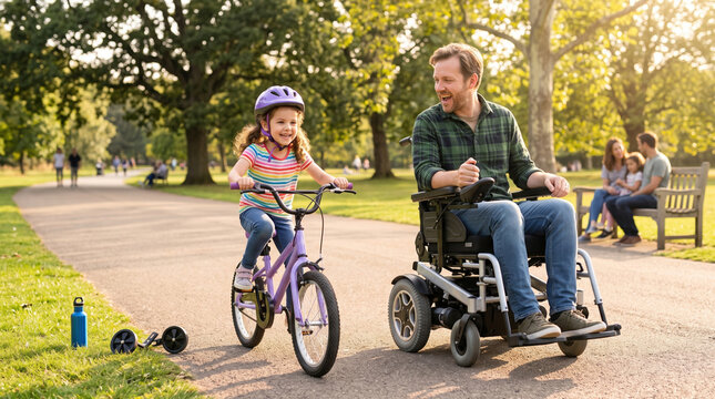 Laughing man in a power wheelchair cheers on a girl riding her bike without training wheels in a sunny park