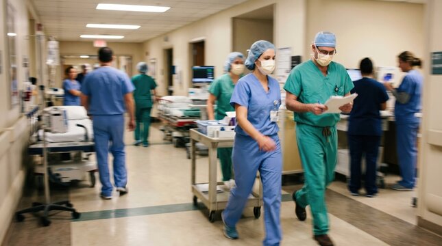 Busy hospital corridor with multicultural medical staff in scrubs walking and working together