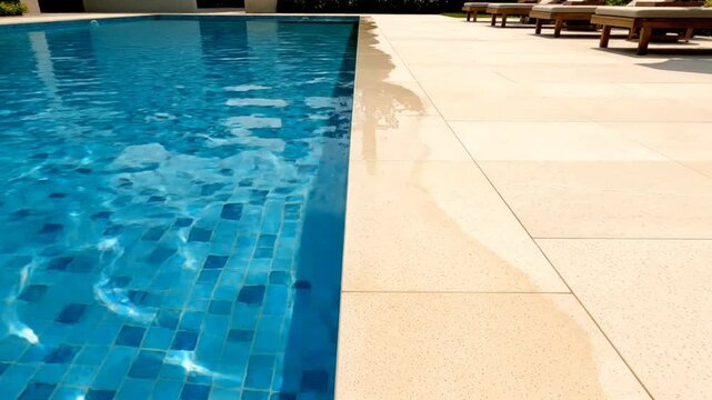 luxurious swimming pool edge with clear blue water and pool deck in resort