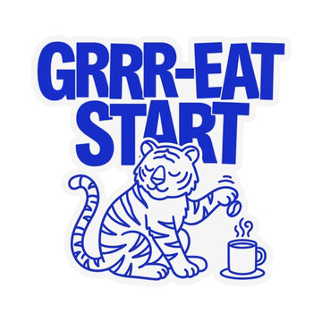 Grrr Eat Start Cartoon Tiger Cub with Coffee Cup.