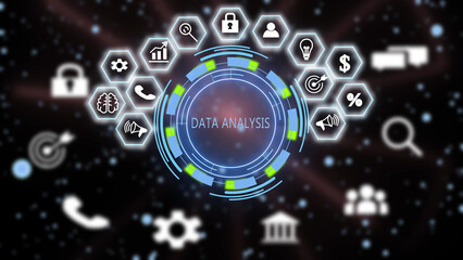 A digital display featuring a central circular interface labeled data analysis, surrounded by a...