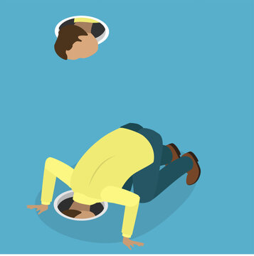 3D Isometric Flat Vector Illustration of Look At Yourself, Man Kneeling And Peering Into Hole, Discovering Himself, Concept Of Self-Reflection