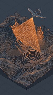 Isometric vector illustration of an autonomous drone surveying mountainous mining terrain with an orange laser scan grid.
