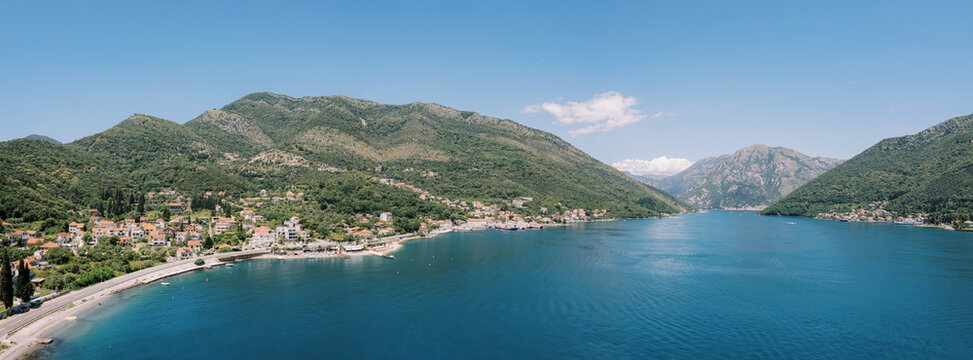 Panoramic view of Kotor Bay and mountains near Kamenari Lepetane ferry crossing
