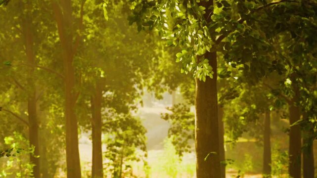Sunlight filters through leaves in a forest. A narrow path leads deeper into the wooded area. The scene shows many trees with green foliage and soft light.