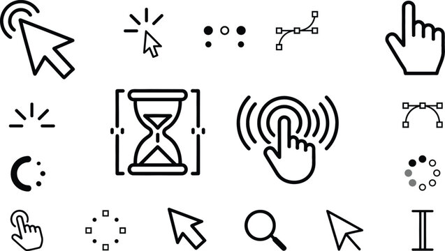 Mouse cursor line icon set with pointer hand hourglass loading and vector path illustration