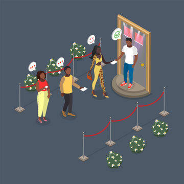 3D Isometric Flat Vector Illustration of Club Bouncer, People Lining Up Behind Queue Barrier For Event.
