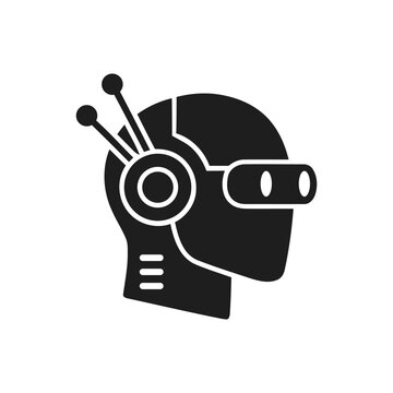 Futuristic humanoid cyborg silhouette with communication antenna and high tech visor glasses represents artificial intelligence technology for digital system.
