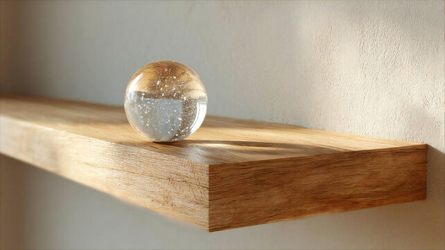 Clear glass orb resting on wooden shelf in sunlight. Generated by AI.