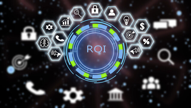 A digital featuring a central glowing blue and green circular interface with the text roi, surrounded by a semi-circle of hexagonal representing business, finance, and technology concepts on