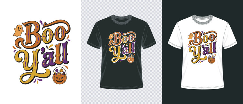 Festive boo yall halloween t shirt design featuring spooky typography and cute ghost illustrations for holiday apparel