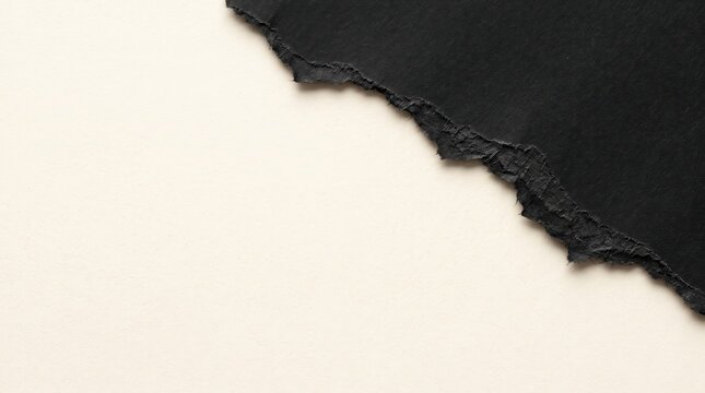 Close up texture of torn black paper edge on white, high contrast abstract design element, rough ripped paper surface detail, minimalist layout for text or logo placement