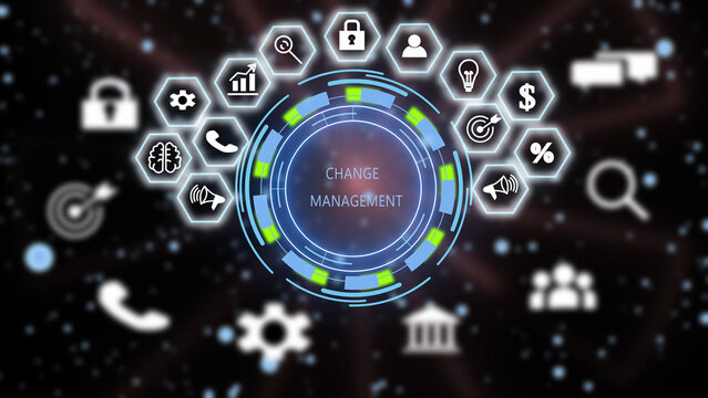 A digital interface display featuring the text change management surrounded by a circular loading glowing blue and green segments, and a surrounding array of white business and technology