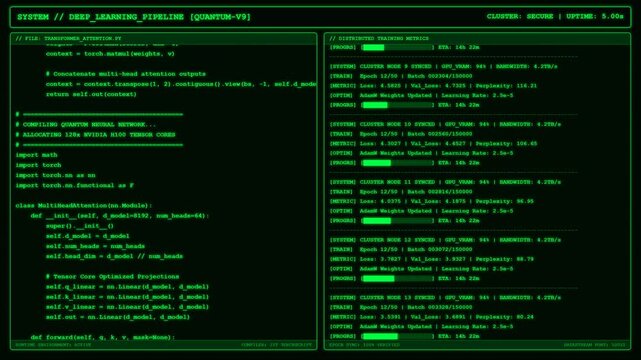Deep learning pipeline quantum neural network training terminal screen.