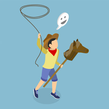 3D Isometric Flat Vector Illustration of Boy Playing Cowboy, Happy Kid