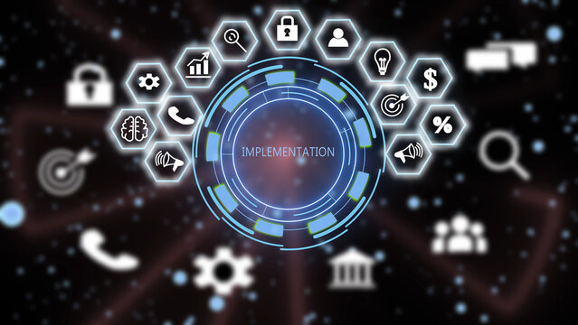 A digital interface featuring a central blue circular hud with the word implementation, surrounded by a semi-circle of glowing white hexagonal representing business and technology
