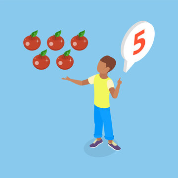 3D Isometric Flat Vector Illustration of Number Counting, Adorable Kid Learning Math By Counting Fruits