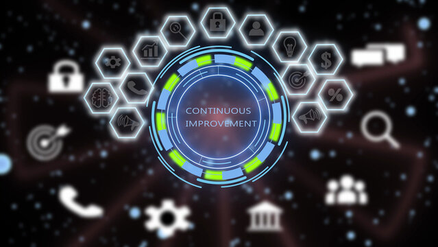A digital interface featuring a central circular with the text continuous improvement, surrounded by glowing hexagonal representing business, technology, security, and communication symbols