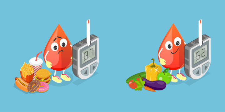 3D Isometric Flat Vector Illustration of Glucose Level, Comparison Of Vegetables With High Carb Sweet Foods