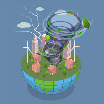 3D Isometric Flat Vector Illustration of Tornado, Destruction By Twisting Tornado In Countryside Natural Disaster