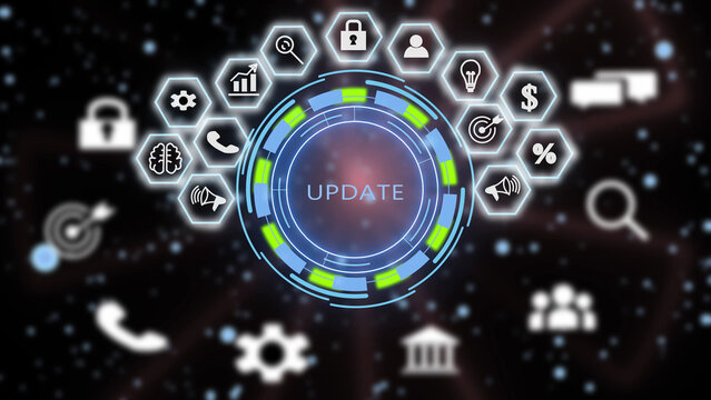 A digital interface featuring a central glowing circular hub with the word update, surrounded by a semi-circle of hexagonal representing security, finance, communication, and technology symbols