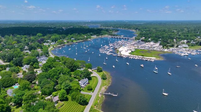 Barrington Yacht Club aerial view at Tyler Point in town of Barrington, Rhode Island RI, USA. Tyler Point located at the mouth of Palmer River into Barrington River. 