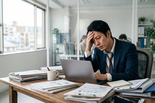 オフィスで頭を抱える疲労したビジネスマン