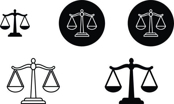 Scales of justice vector law icon set featuring line outline solid and circle variations.