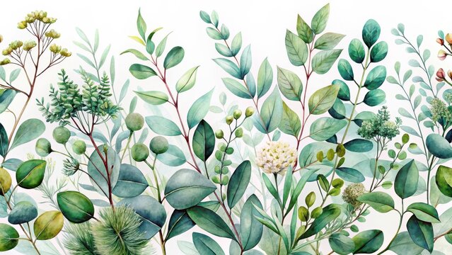 Watercolor botanic leaf and buds seamless herbal composition for wedding or greeting card spring border with leaves eucalyptus