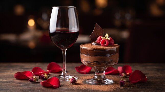gourmet chocolate mousse dessert with red wine and rose petals