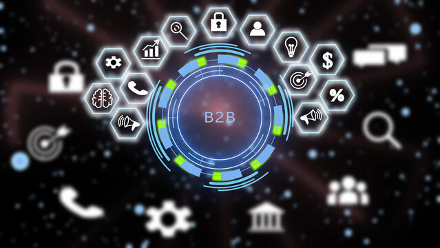 Digital b2 b business concept featuring a central glowing circular interface surrounded by a semi-circle of hexagonal representing security, finance, communication, marketing, and data analytics