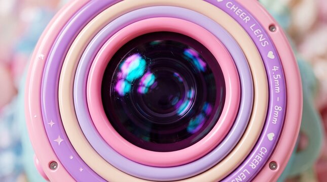 A close-up shot of a colorful, pastel-toned camera lens with concentric rings in pink, purple, and cream, featuring a reflective glass element and decorative star accents.