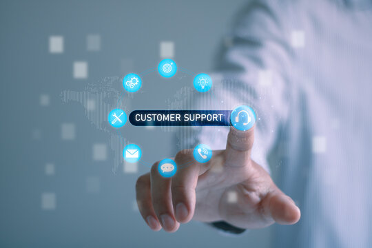 Businessman finger pointing on helpdesk interface for customer service, technical support assistance system, client communication platform, support ticket management, online service solution concept.