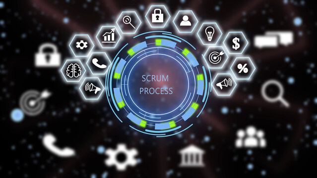 Digital infographic display featuring the text scrum process surrounded by a glowing circular interface with various business and technology arranged in hexagonal frames against a dark background