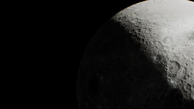 A close view of the moon shows its surface features. Craters and textures are visible in the bright area, while shadows create contrast against the dark background of space.