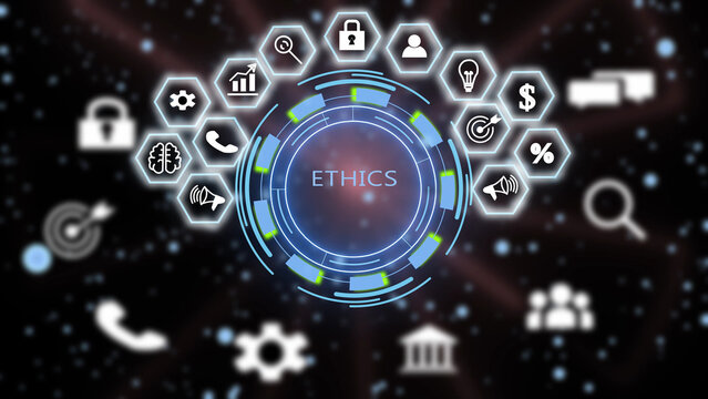 Digital interface featuring the word ethics centered within a glowing blue circular hud, surrounded by a semi-circle of hexagonal representing business, security, communication, and data