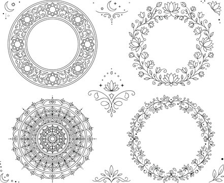 Spiritual mandala and bohemian floral circle frame collection with intricate celestial design elements