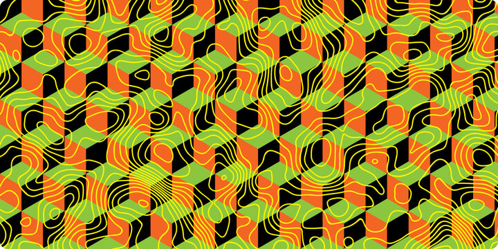 abstract spiral curve topo map cube ornament decoration seamless pattern with colorful stripes line background .