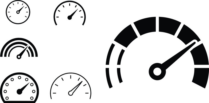 Speedometer black icons vector set featuring speed gauge tachometer dial and dashboard performance symbols