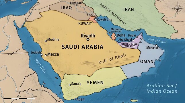 Detailed political map of the Arabian Peninsula with neighboring countries