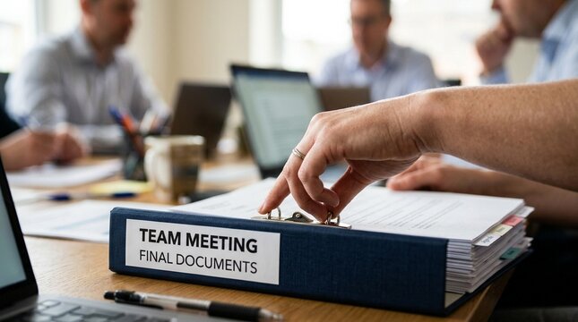 Hand adjusting a binder labeled team meeting documents