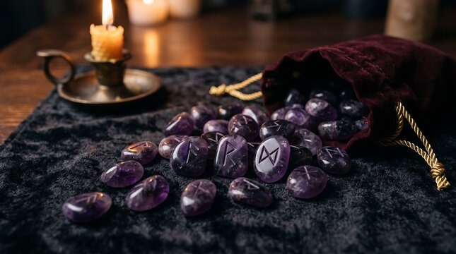 Amethyst Rune Stones Spilling from Velvet Bag with Candlelight