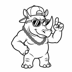Cool cartoon rhino character wearing sunglasses and baseball cap pointing finger up. © MuhArif