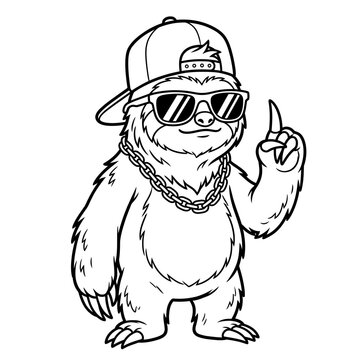 Cool cartoon sloth character wearing backwards cap and sunglasses pointing up.