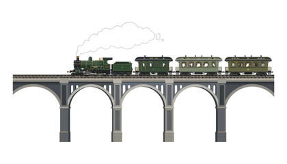 Vintage steam train locomotive with passenger wagons crossing an arched stone railway viaduct bridge vector illustration isolated on white © Ruma